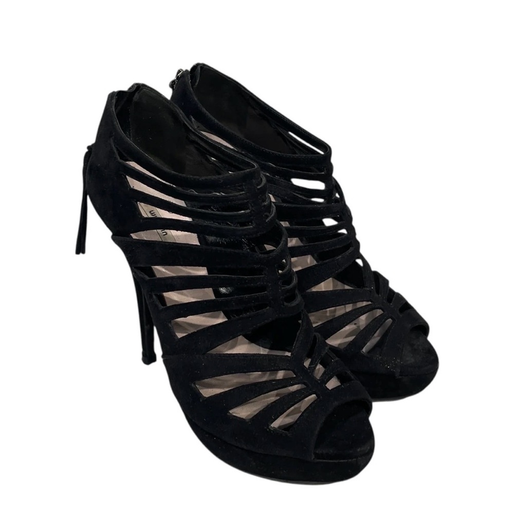 Miu Miu Black Suede Cutout Heels – Size EU 37 | Strappy Cage Sandals | Back Zip